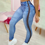 Joskaa Women Fashion Casual Slinky Jeans Long Pants Zipper Design Women Trousers Denim Pants Fashion Casual  Jeans