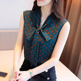 Christmas Gift Korean Style Women Sleeveless Tops Spring Summer New Polka Dot Elegant Bow Chiffon Blouse Casual Women Clothing Blusas 9459