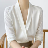 JOSKAA New Autumn Long Sleeve White Blouse Tops Women Shirts Office Lady V-Neck Chiffon Blouse Blusas Mujer De Moda 2021 Clothes 17798