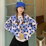 Black Friday Sales Elegant Office Lady Blue Smiley Printed Twist Knitt Sweater Women Korean 2022 Autumn Winter Fashion Pullove Lazy Loose Sweater
