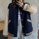 Christmas Gift Women Baseball Bomber Jacket Autumn Casual Loose Pockets Stripe Single Breasted Patchwork Oversized Jacket Coat Outerwear Tops