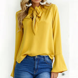 Christmas Gift Office Bow Tie Chiffon Blouse And Tops Women Flare Sleeve Yellow Shirts 2020 Autumn Female Elegant Long Sleeve Shirt Casual Top
