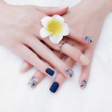 Fashion women nail art decorations 24pcs Short False Nails with glue Flower Pattern Designs Blue Matte Fake Nails Faux Ongles