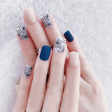Fashion women nail art decorations 24pcs Short False Nails with glue Flower Pattern Designs Blue Matte Fake Nails Faux Ongles