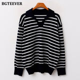 Christmas Gift BGTEEVER Casual Turn-down Collar Striped Women Sweaters 2021 Autumn Sweater Long Sleeve Loose Female Knitted Pullovers Tops