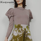 Christmas Gift Kuzuwata 2021 Autumn Winter New Design Women Sweaters Fashion Jumpers O Neck Pleated Long Sleeve Slim Solid Knitted Pullovers
