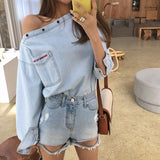 Christmas Gift JMPRS  Sexy Off Shoulder Women Denim Shirts 2021 Spring Long Sleeve Letter Embroidery Jeans Blouse Streetwear Fashion Girls Tops