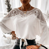 Joskka Backless Hollow Out Tops Fashion Lace Blouse Women White Lace Shirts O-Neck Long Sleeve Shirt Casual Sexy Loose Blouse 12459