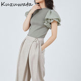 Christmas Gift Kuzuwata O Neck Ruffles Short Sleeve Solid Blouse Women Slim Fit Knit Work Style Ol Simple Blusas Summer 2021 New Shirt Feminino