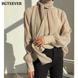 Christmas Gift BGTEEVER 2020 Autumn Winter O-neck Solid Blouse Tops Women Casual Loose Female Shirts with Scarf Full Sleeve Ladies Blusas