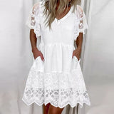 Christmas Gift Women V-Neck Short Sleeve Ruffles Mini Dresses Elegant White Color Embroidery Lace Mesh Party Dress Lady Casual Summer Dress 5XL
