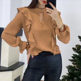 Fashion Hollow Out Long Sleeve Women Tops And Blouses 2021 Autumn Green Top Femme Ruffles Woman Shirts Blouses Femme Blouse