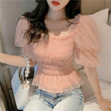 Christmas Gift Korean Fashion Clothing Summer New Elegant Mesh Blouse Women Streetwear Blusas Mujer De Moda 2021 Puff Sleeve Pink Tops 10026