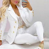 Joskaa-Fashion Women Commute Solid Color Outfits Elegant Chic Single-breasted Jackets And High Waist Long Pants Sets Lady 2PC Sets