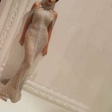 Grosfairy Elegant Evening Dresses 2021 Women Off Shoulder Gilding Sexy Slit Sling Robe with Tail Bodycon Party Vestido