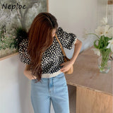 Christmas Gift Neploe O Neck Puff Short Sleeve Knit T Shirt Women Work Style Ol Print Loose Pull Femme Summer 2021 New Ladies T0p Sueter