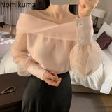 Christmas Gift Nomikuma Slash Neck Long Sleeve Shirt Women Elegant Temperament Korean Chic Blouse See Through All-match Tops Blusas Mujer 3e089