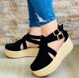 JOSKAA Summer Women's Vintage Wedge Heel Sandals Woman Buckle Strap Straw Thick Bottom Platform Flats Female Flock Ankle Straps Shoes