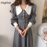 Christmas Gift Lace Check Chic Puff Sleeve Woman Dress Korean Temperament Lapel Robe Single Breasted Slim Waist Vestidos with Belt