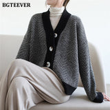 Christmas Gift BGTEEVER Autumn Winter V-neck Ladies Striped Knitted Cardigans Tops Vintage Single-breasted Full Sleeve Women Sweaters 2021