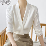 JOSKAA New Autumn Long Sleeve White Blouse Tops Women Shirts Office Lady V-Neck Chiffon Blouse Blusas Mujer De Moda 2021 Clothes 17798