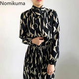 Christmas Gift Nomikuma Stand Collar Bow Knot Lace Up Elegant Dress Women Slim Waist Long Sleeve Printed Maxi Dresses Vestidos Mujer 3c618