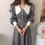 Christmas Gift Lace Check Chic Puff Sleeve Woman Dress Korean Temperament Lapel Robe Single Breasted Slim Waist Vestidos with Belt