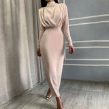 Christmas Gift InstaHot Elegant Women Dress Stand Collar Slim Waist Solid Blue Ankle Length Autumn Long Sleeve Casual Party Dress 2020 Fashion