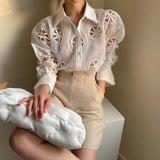 Christmas Gift Lady Sexy See Through Long Sleeve Loose White Blouse Top High Quality Hollow Out Floral Embroidery Elegant Shirt New Trend 13369