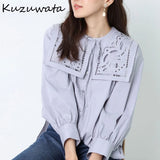 Christmas Gift Kuzuwata 2021 Autumn New Women Shirts Commute Blusas Large Lapel Hollow Embroidery Puff Sleeve Single Breasted Solid Blouses