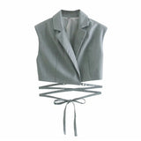 Joskaa Merodi Summer Fashion High Waist Adjustable Drawstring Za Gary Short Vest Outwear Women Casual Sleeveless Chic Jackets
