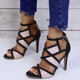 Joskaa Brand Design Women Fashion Peep Toe Patchwork Colors Thin Heel Sandals Pink Blue Strap Cross High Heel Sandals   Shoes