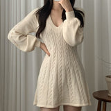 Woman Knitting Dresses Korean Chic Autumn Ins Vintage Linen Pattern V-neck Waist Lantern Sleeve A-line Female Vestidos