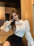Christmas Gift Turn Down Collar Spliced Shirt Woman Puff Long-sleeved Knit Tops Mujer 2021 New Autumn Temperament Sweater Pullover Women