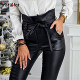 Christmas Gift InstaHot Gold Black Belt High Waist Pencil Pant Women Faux Leather PU Sashes Long Trousers Casual Sexy Exclusive Design Fashion