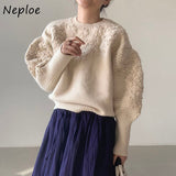 Christmas Gift Retro Round Neck Woman Sweaters Three-dimensional Embroidery Floral Sweater Loose Casual Lantern Sleeve Knitted Pullover