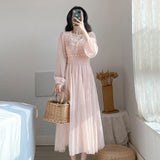 Christmas Gift Women Button Puff Sleeve Pink Dress Sweet Mesh Lace Dress Elegant V-neck A-line High Wasit Dresses Mid-calf Vestidos Mujer 12915