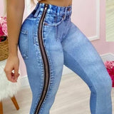 Joskaa Women Fashion Casual Slinky Jeans Long Pants Zipper Design Women Trousers Denim Pants Fashion Casual  Jeans