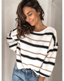 Thanksgiving Gift Winter Knitting Stripe Patchwork Women's Sweaters Fashion Casual Long Sleeve O Neck Loose All-Match Warmth Ladies Sweaters