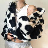 Christmas Gift JMPRS Winter Women Faux Fur Coats Fashion Punk Style Gothic Cows Patchwork Cropped Jacket Streetwear Hairy Female Clothes 2021