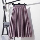 Christmas Gift Beiyingni Velvet Skirts Womens Vintage Autumn Winter Warm Pleated Midi High Waist Skirt Solid Color Casual Korean Style Faldas