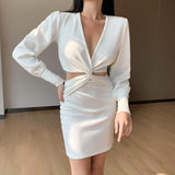 Joskaa Sexy&Club Hollow Out Dress Suit Women Deep V Slim Fit Long Sleeved Knee Length Dresses Cocktail Party Dress LAPA