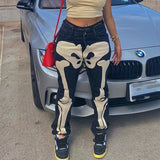 Joskaa 2022 Autumn Women Y2k Goth Skeleton Patterned Mid Rise Straight Denim Jeans Streetwear Female Black Denim Jean Trousers Cyber