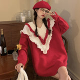Black Friday Sales Sweet Vintage Kawaii Merry Christmas Ruffle Red Women Sweater Autumn Fashion Pullover Knitting Long Sleeve Ladies Sweaters 2022