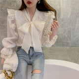 Christmas Gift Gagarich Women Shirt 2021 Spring Autumn French Retro Palace Style Temperament Ladies Sweet Bowknot Tie Flared Sleeve Lace Blouse