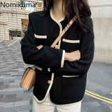 Christmas Gift Nomikuma Autumn New Single Breasted Jacket Women Contrast Color Long Sleeve Vintage Coats Korean Chic Tops Ropa Mujer 3c822