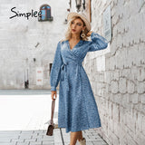 Simplee Beach straight floral women midi dress V-neck lace up female maxi vestido A-line full bishop sleeves ladies wrap dresses