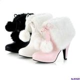 Joskaa Winter High Heels Ankle Boots For Women Fashion Faux Fur Platform Short Boots Keep Warm Lace Up Shoes Ladies Black White Pink