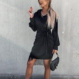 Christmas Gift Women V-Neck Folds Ruffle Mini Dress Fashion Spring Chic Lace-Up Solid Party Dress Autumn Long Sleeve Knitted Bottom Slim Dress