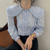 JOSKAA Sweet Chic Peter Pan Collar Puff Long Sleeve Blouse Fashion Pleated Design Women Shirts Single Breasted Loose Blusas